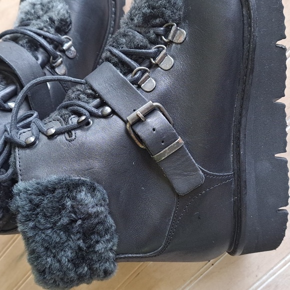 H by Hudson Adda Black Leather Shearling Lined Lace-Up Ankle Boots Trim Cozy - Picture 5 of 14